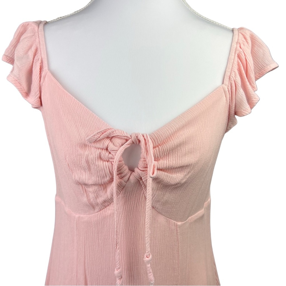 PacSun LA Hearts Size Large Keyhole Babydoll Mini Dress Pink Ruched Tie Front - Picture 3 of 7
